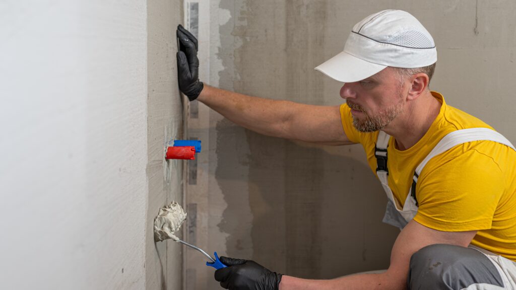 Person wearing yellow t-shirts and hat working on painting/proofing a basement