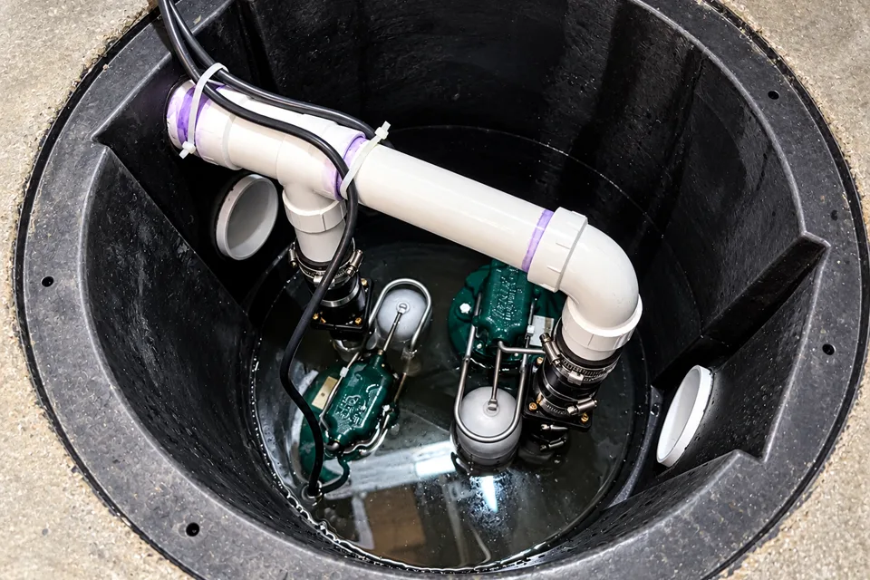 Professional dual sump pump system inside a basement sump basin