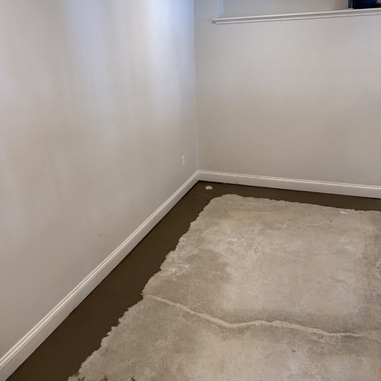 Finished basement with newly cemented B-Dry interior drain around the perimeter