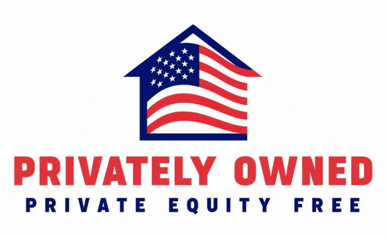 Privately owned, private equity free: house-shaped American flag graphic