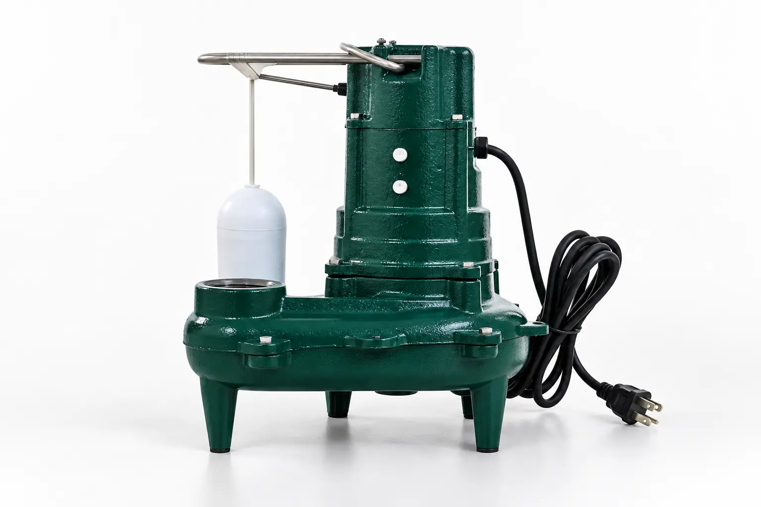 Professional cast-iron sump pump shown completely with float switch and power cord